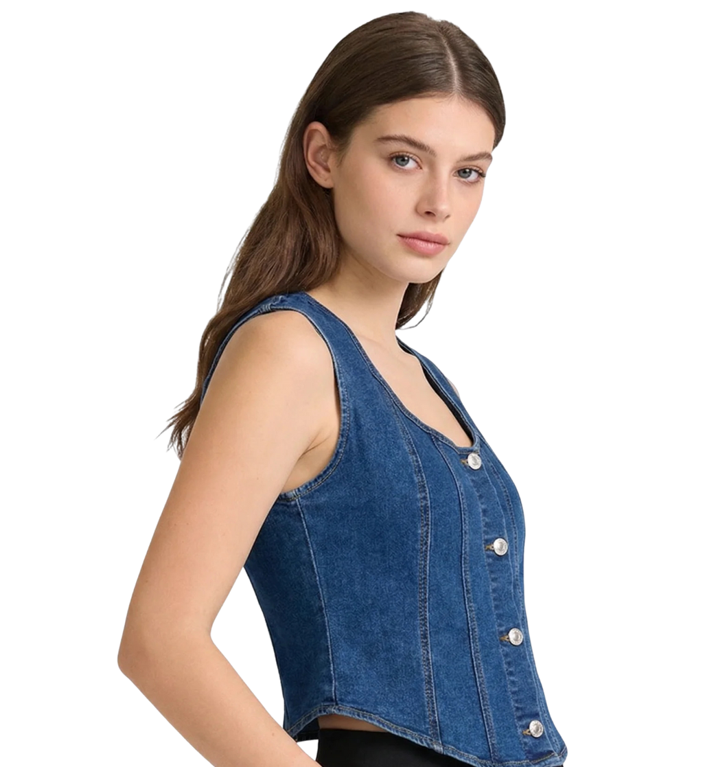 Madison Stretch Denim U-Neck Vest with Buttons