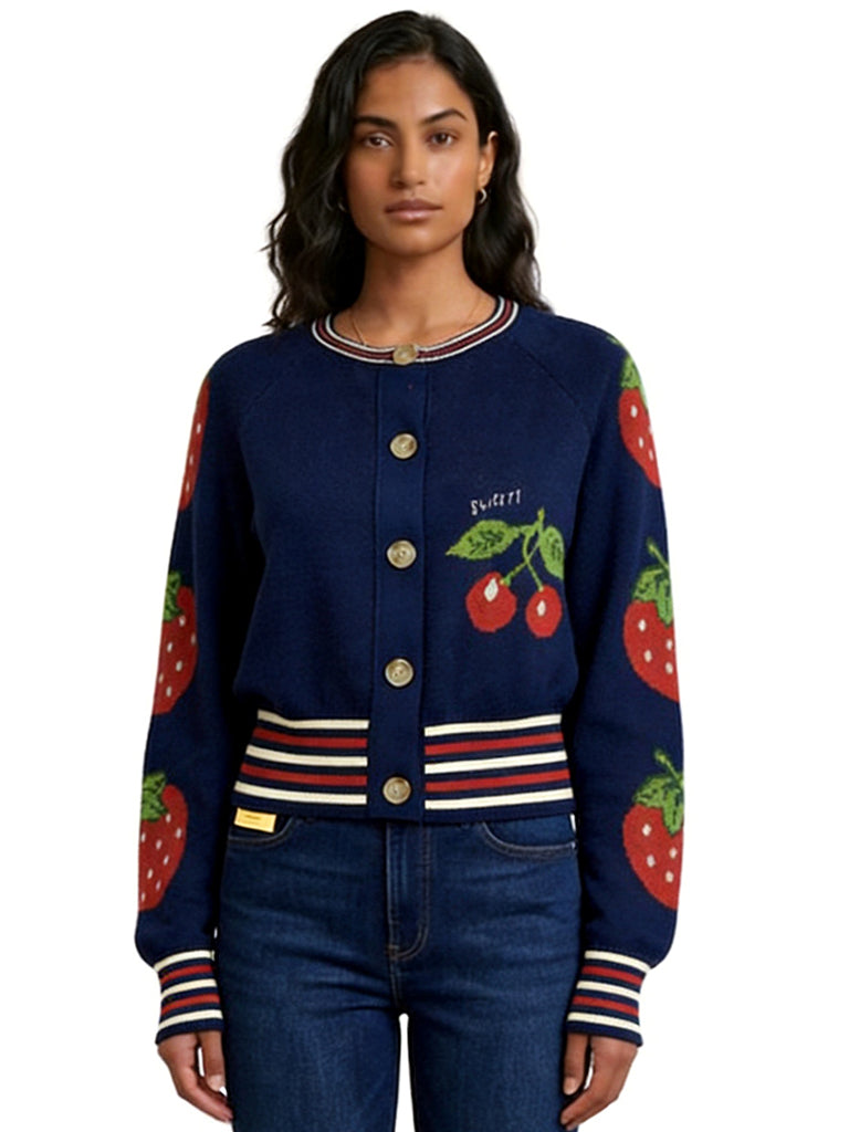 GWENDOLYN ROUND NECK CARDI WITH CHERRY JACQUARD