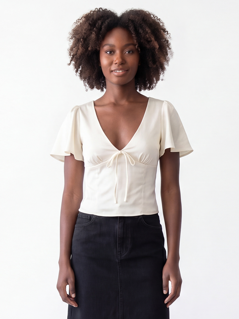 LAUREL STRETCH SATIN BOW FRONT BLOUSE