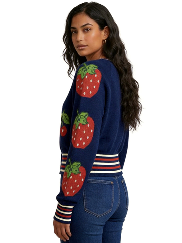 GWENDOLYN ROUND NECK CARDI WITH CHERRY JACQUARD