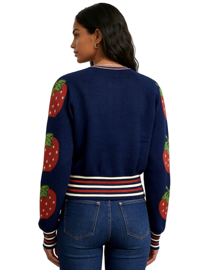 GWENDOLYN ROUND NECK CARDI WITH CHERRY JACQUARD