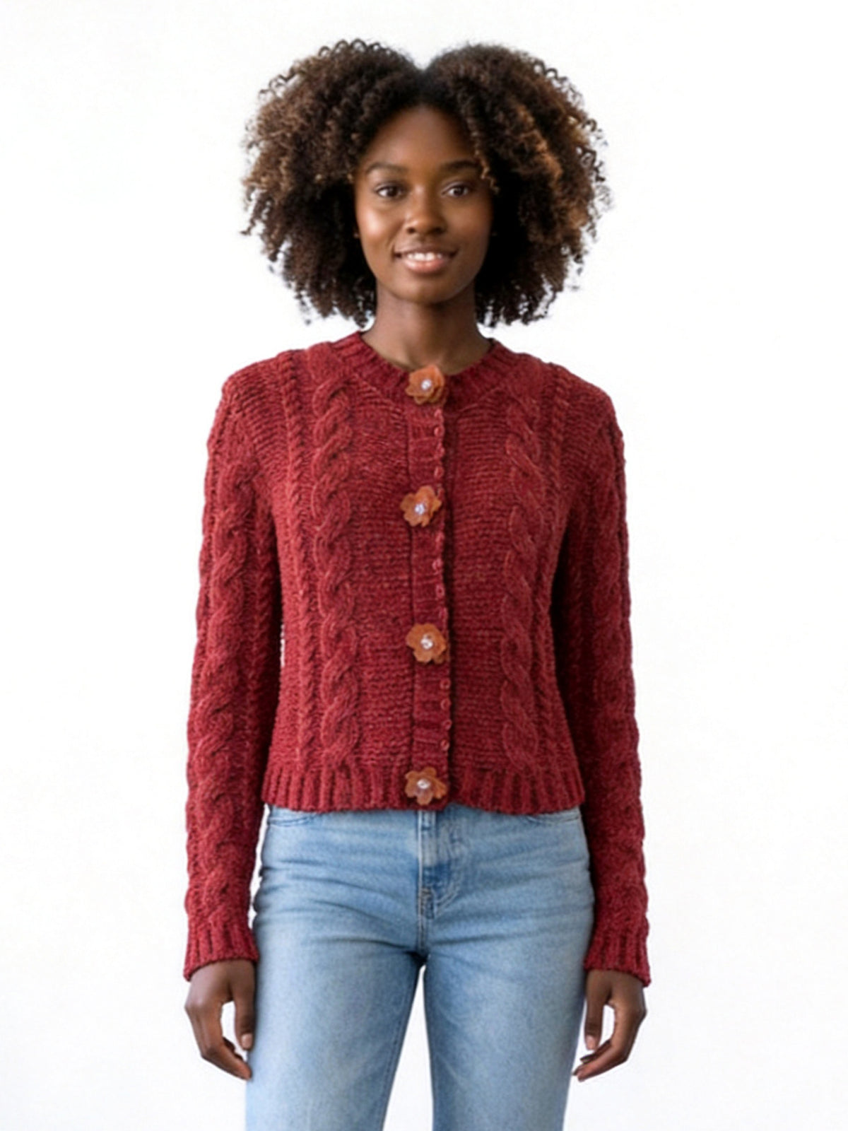 Lena Chenille Cable Cardigan Sweater with Resin Flower Snaps