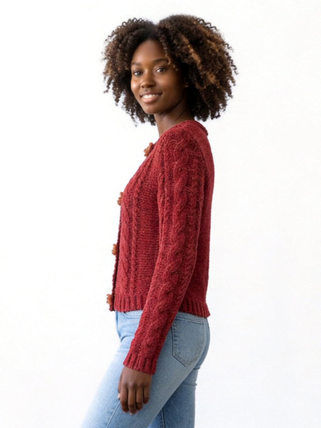 Lena Chenille Cable Cardigan Sweater with Resin Flower Snaps