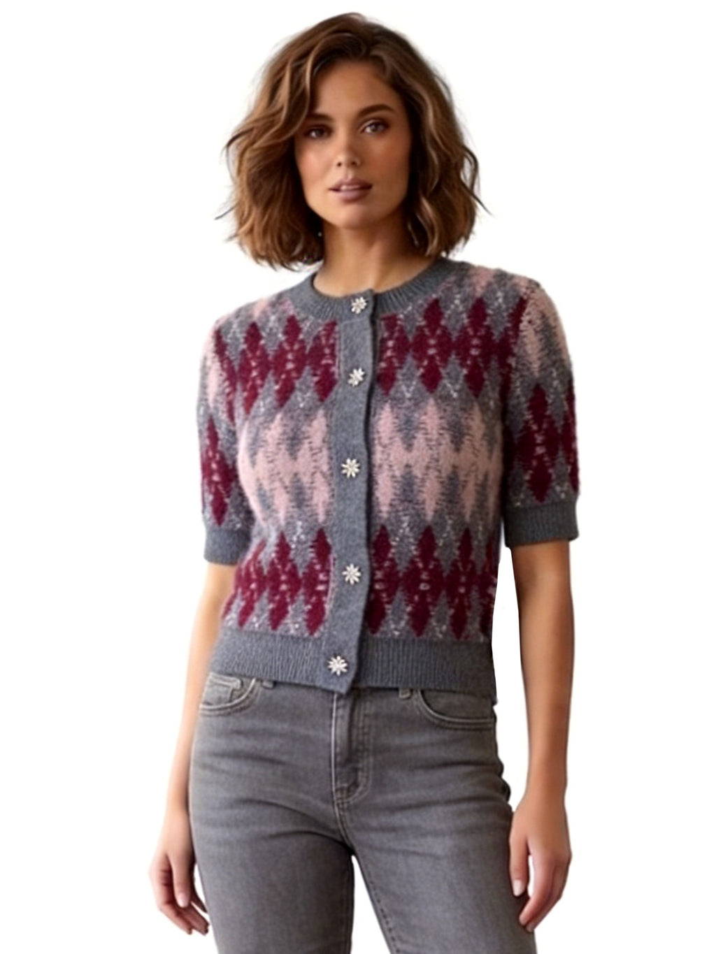 ARABELLA ARGYLE SHORT SLEEVE SWEATER CARDIGAN