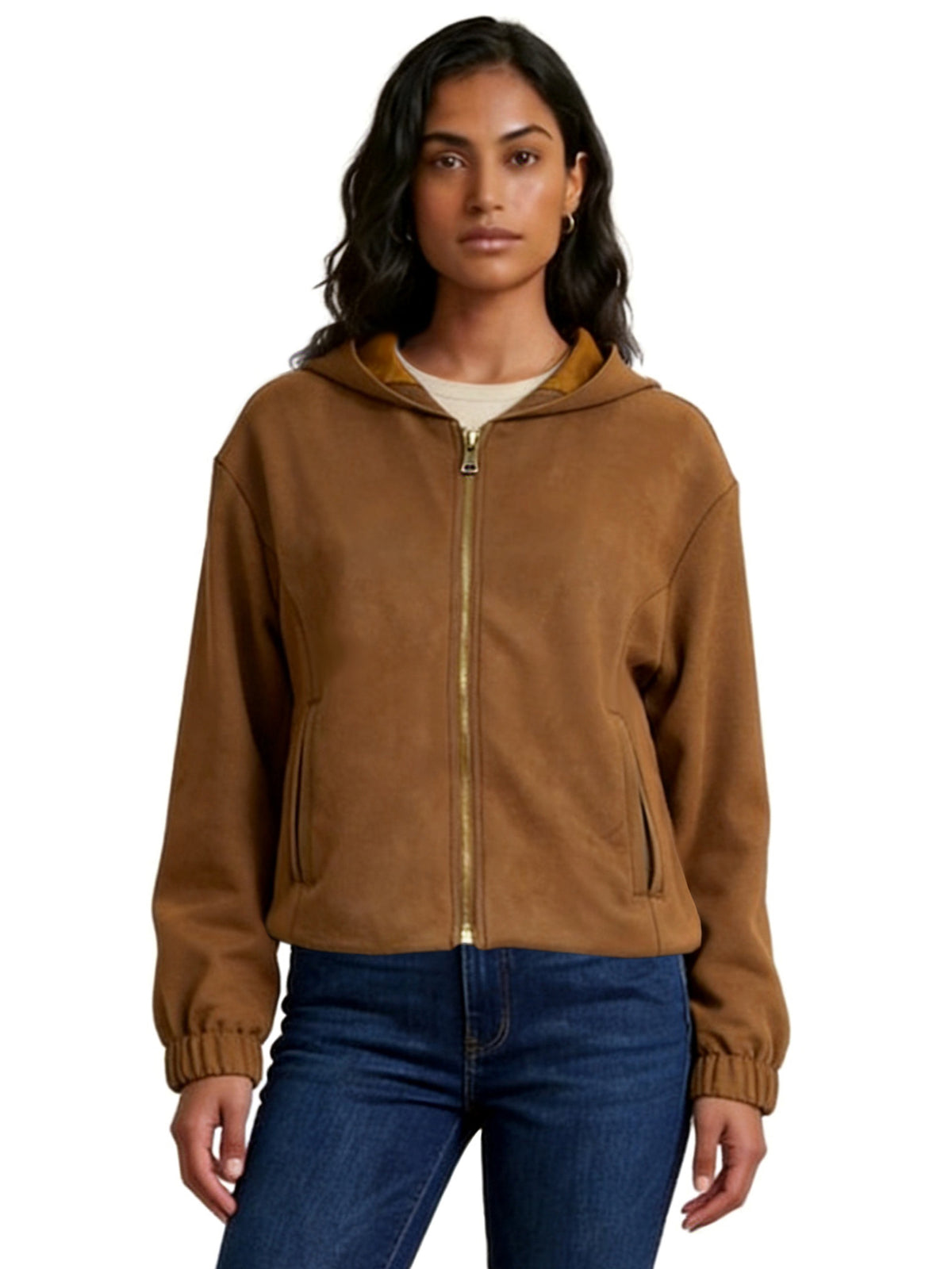 ISLA HOODED FAUX SUEDE JACKET WITH CONTRAST-LINED HOOD AND TWO-HEADED ZIPPER