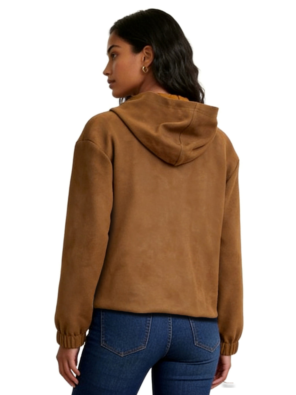 ISLA HOODED FAUX SUEDE JACKET WITH CONTRAST-LINED HOOD AND TWO-HEADED ZIPPER