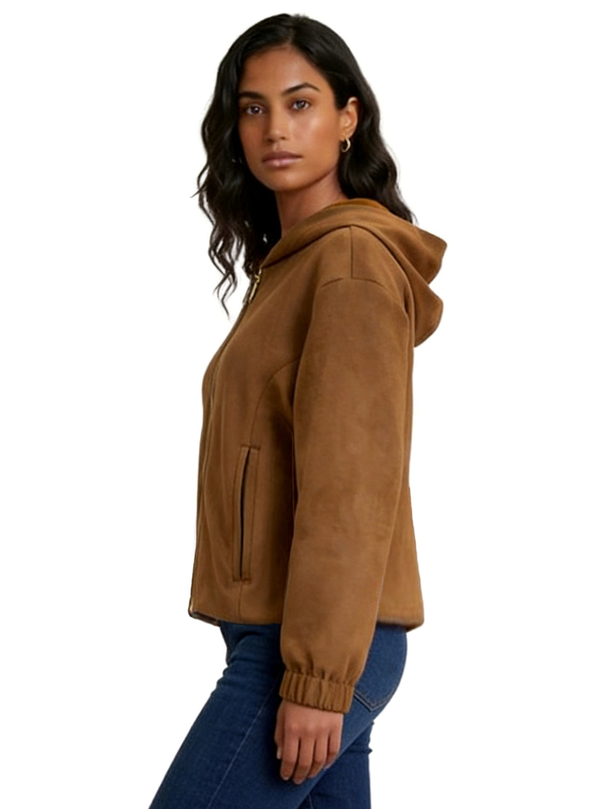 ISLA HOODED FAUX SUEDE JACKET WITH CONTRAST-LINED HOOD AND TWO-HEADED ZIPPER