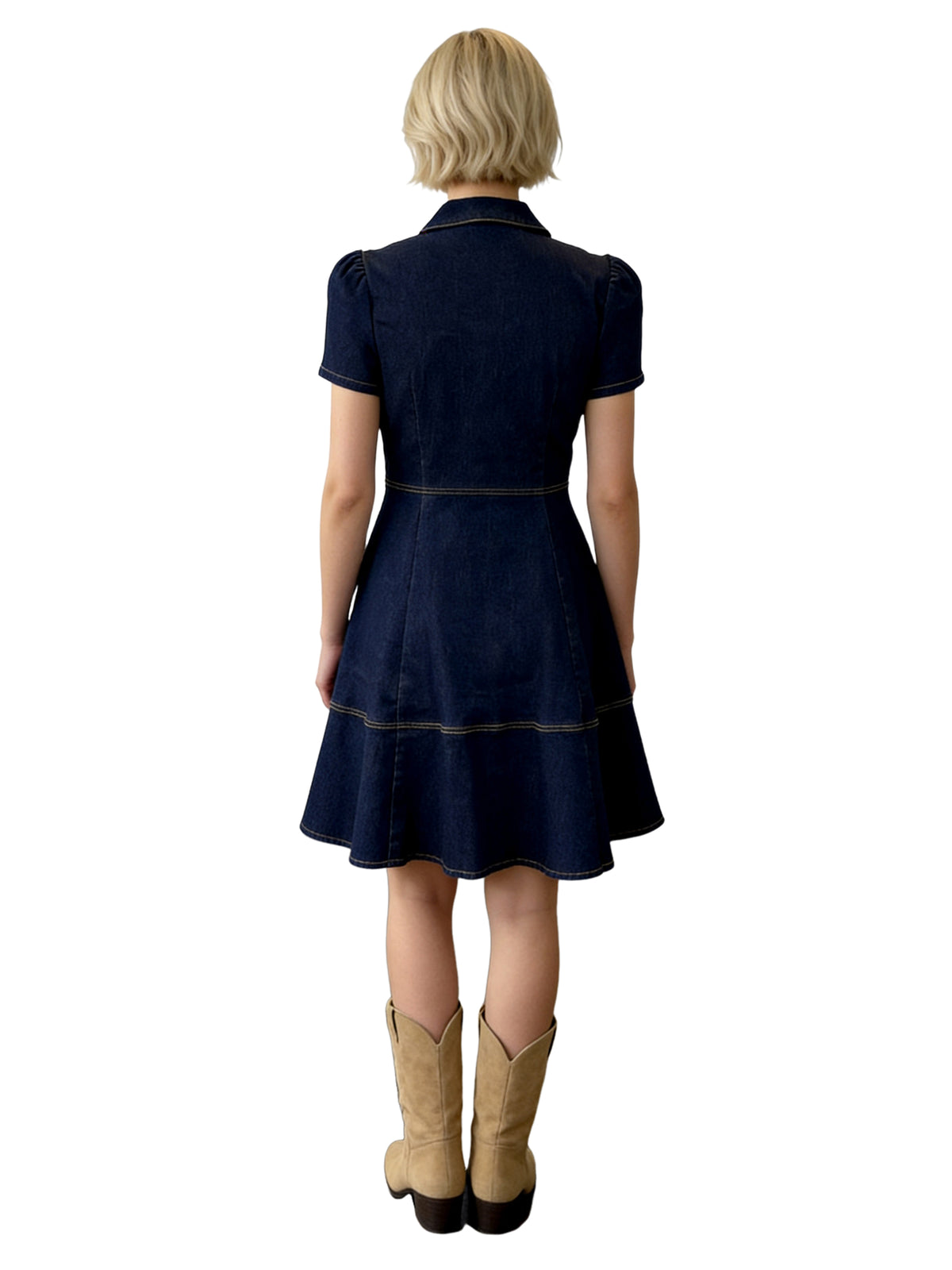 ROBIN STRETCH DENIM BUTTON-FRONT SHIRT DRESS WITH CONTRAST STITCHING