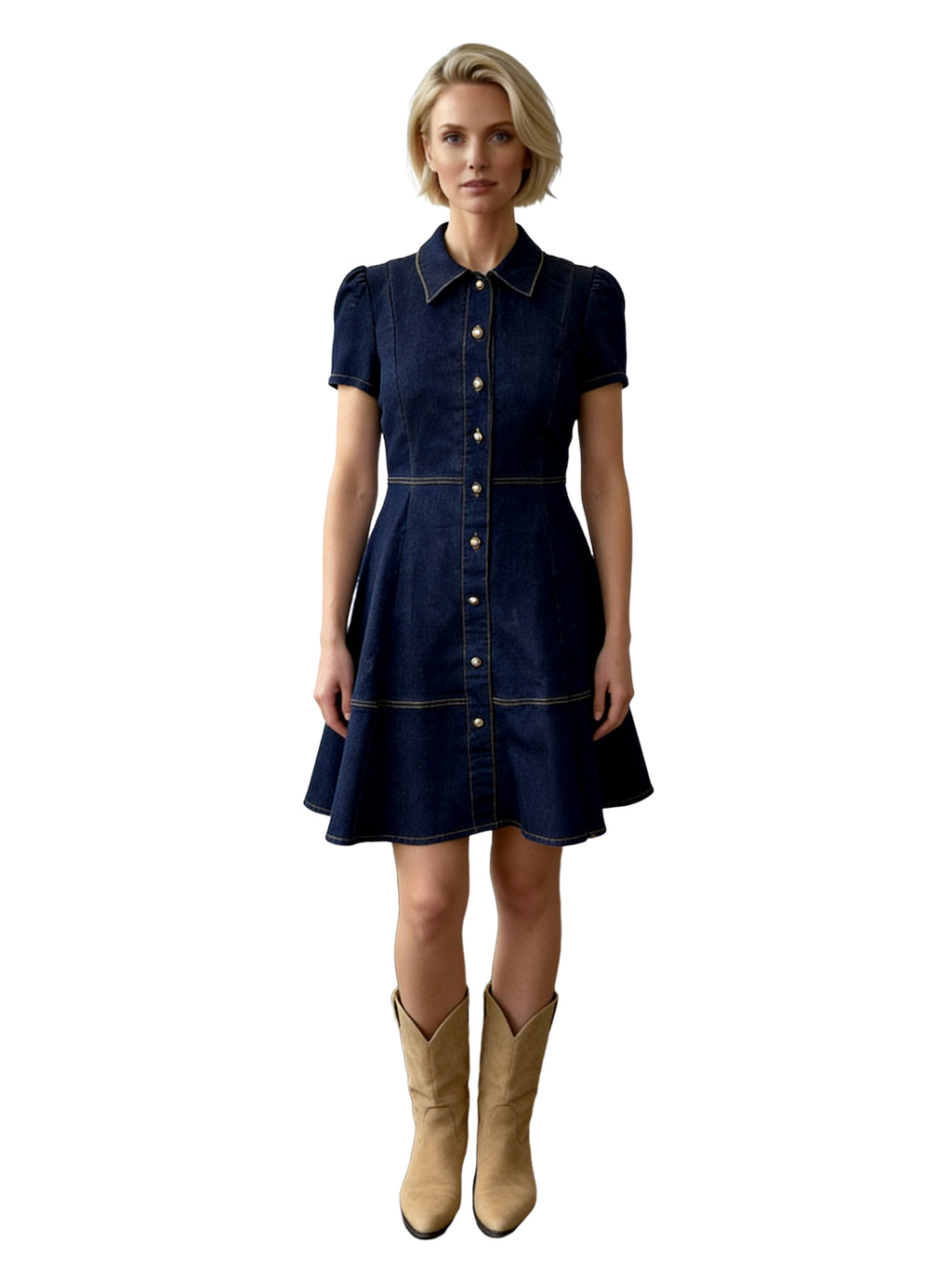 ROBIN STRETCH DENIM BUTTON-FRONT SHIRT DRESS WITH CONTRAST STITCHING