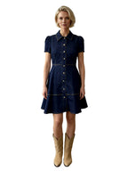 ROBIN STRETCH DENIM BUTTON-FRONT SHIRT DRESS WITH CONTRAST STITCHING