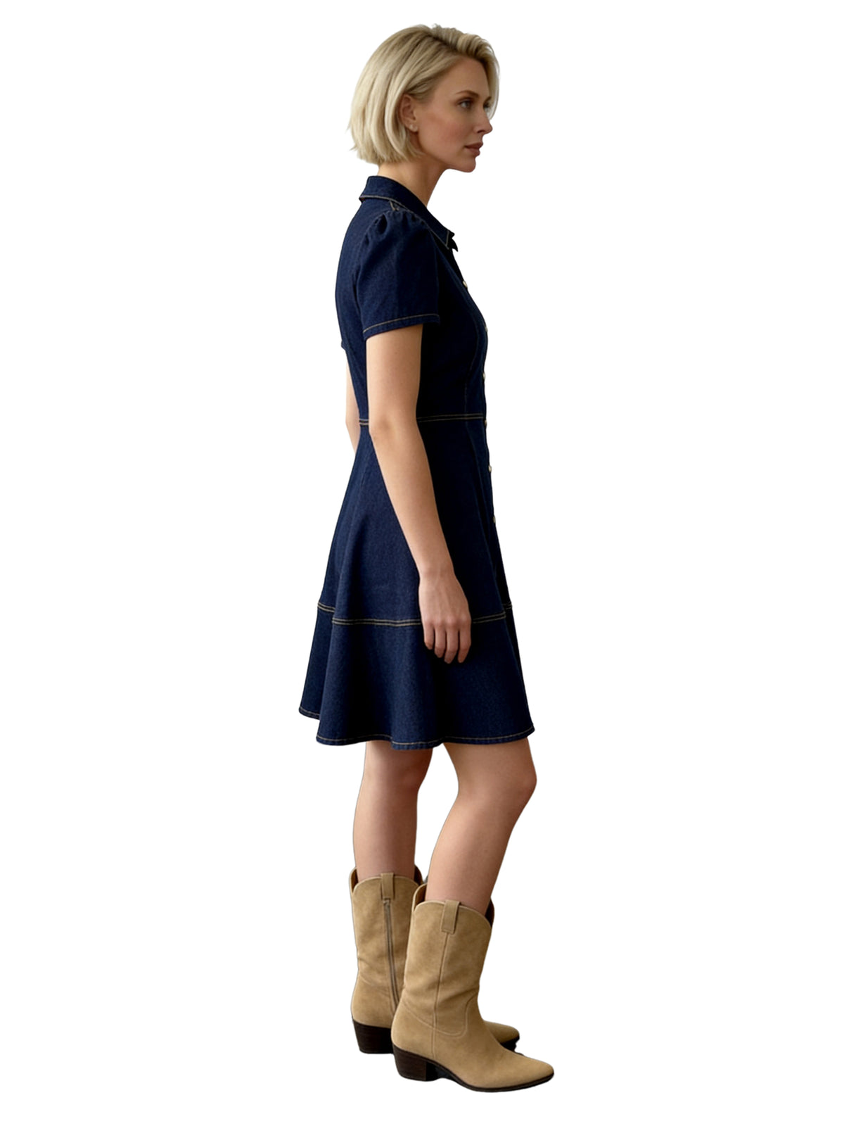 ROBIN STRETCH DENIM BUTTON-FRONT SHIRT DRESS WITH CONTRAST STITCHING