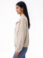 SERENITY FAUX SUEDE ZIP FRONT BOMBER JACKET WITH DOUBLE COLLAR