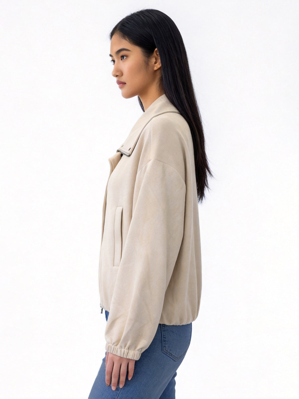 SERENITY FAUX SUEDE ZIP FRONT BOMBER JACKET WITH DOUBLE COLLAR