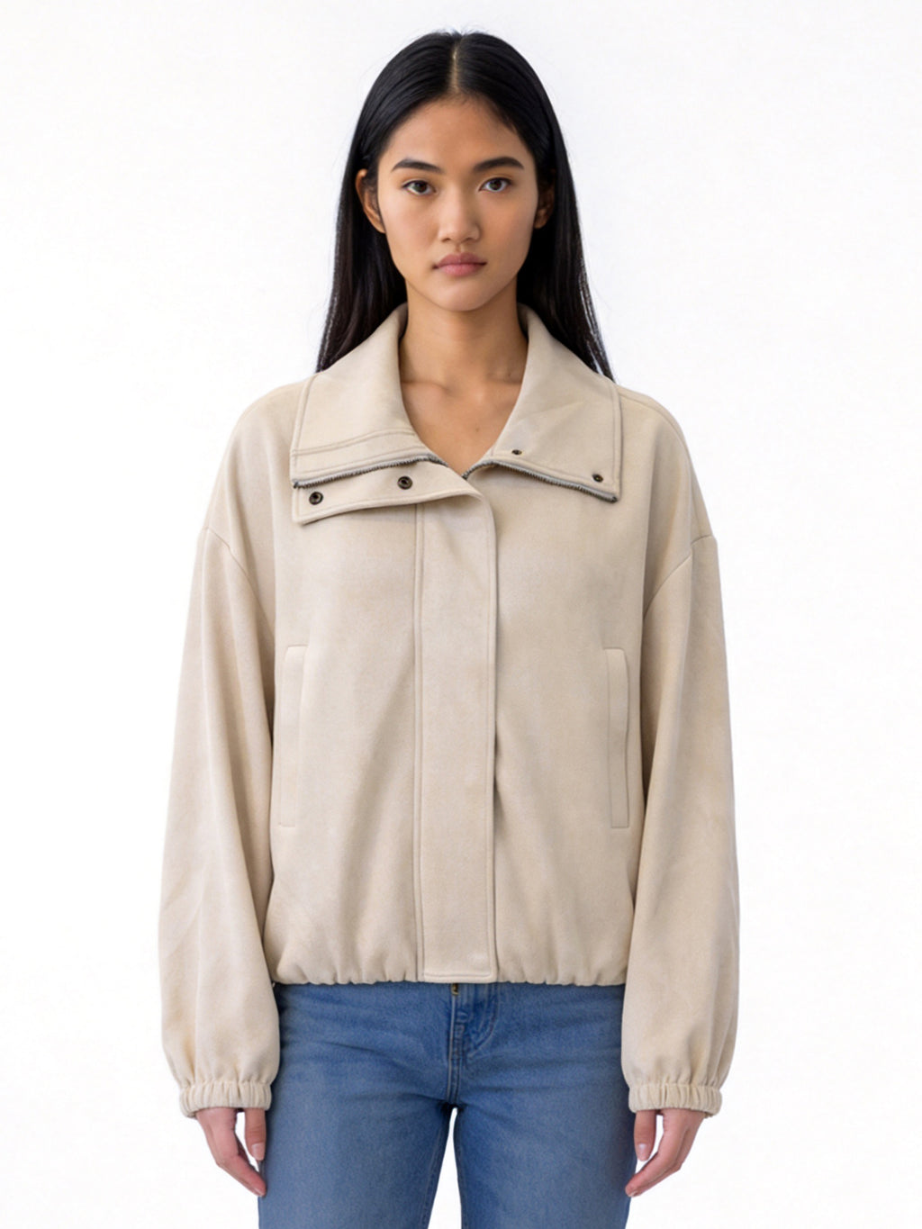 SERENITY FAUX SUEDE ZIP FRONT BOMBER JACKET WITH DOUBLE COLLAR
