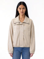 SERENITY FAUX SUEDE ZIP FRONT BOMBER JACKET WITH DOUBLE COLLAR