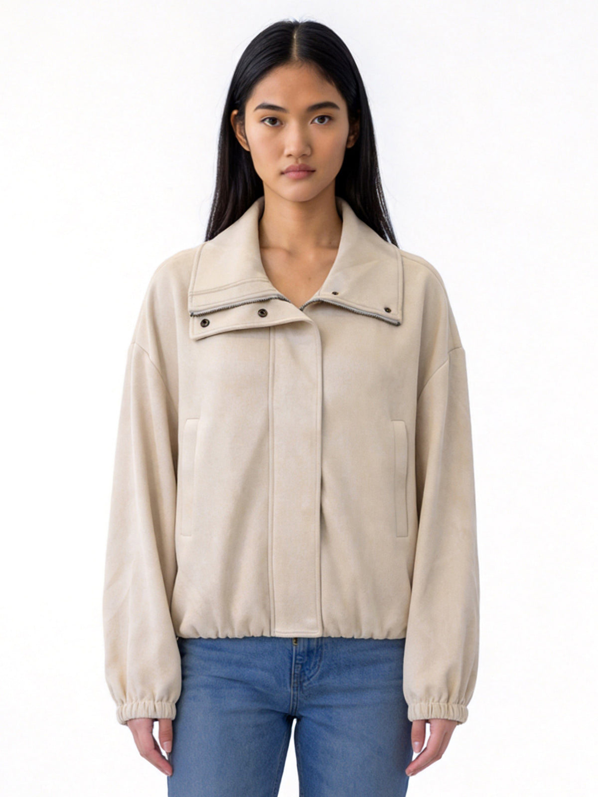 SERENITY FAUX SUEDE ZIP FRONT BOMBER JACKET WITH DOUBLE COLLAR