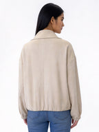SERENITY FAUX SUEDE ZIP FRONT BOMBER JACKET WITH DOUBLE COLLAR