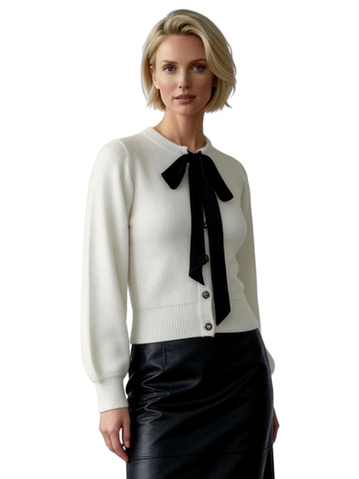 LYRA LARGE SATIN BOW NECK CARDI WITH FANCY BUTTONS