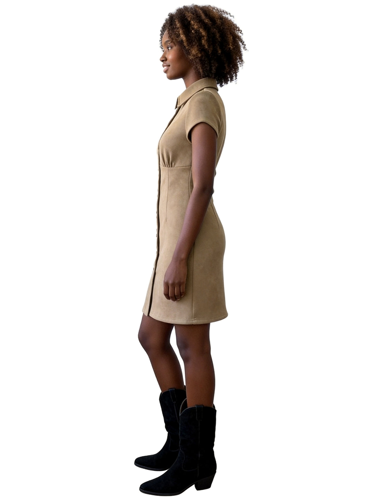 RACHEL BUTTON-FRONT SHIRT DRESS IN FAUX SUEDE
