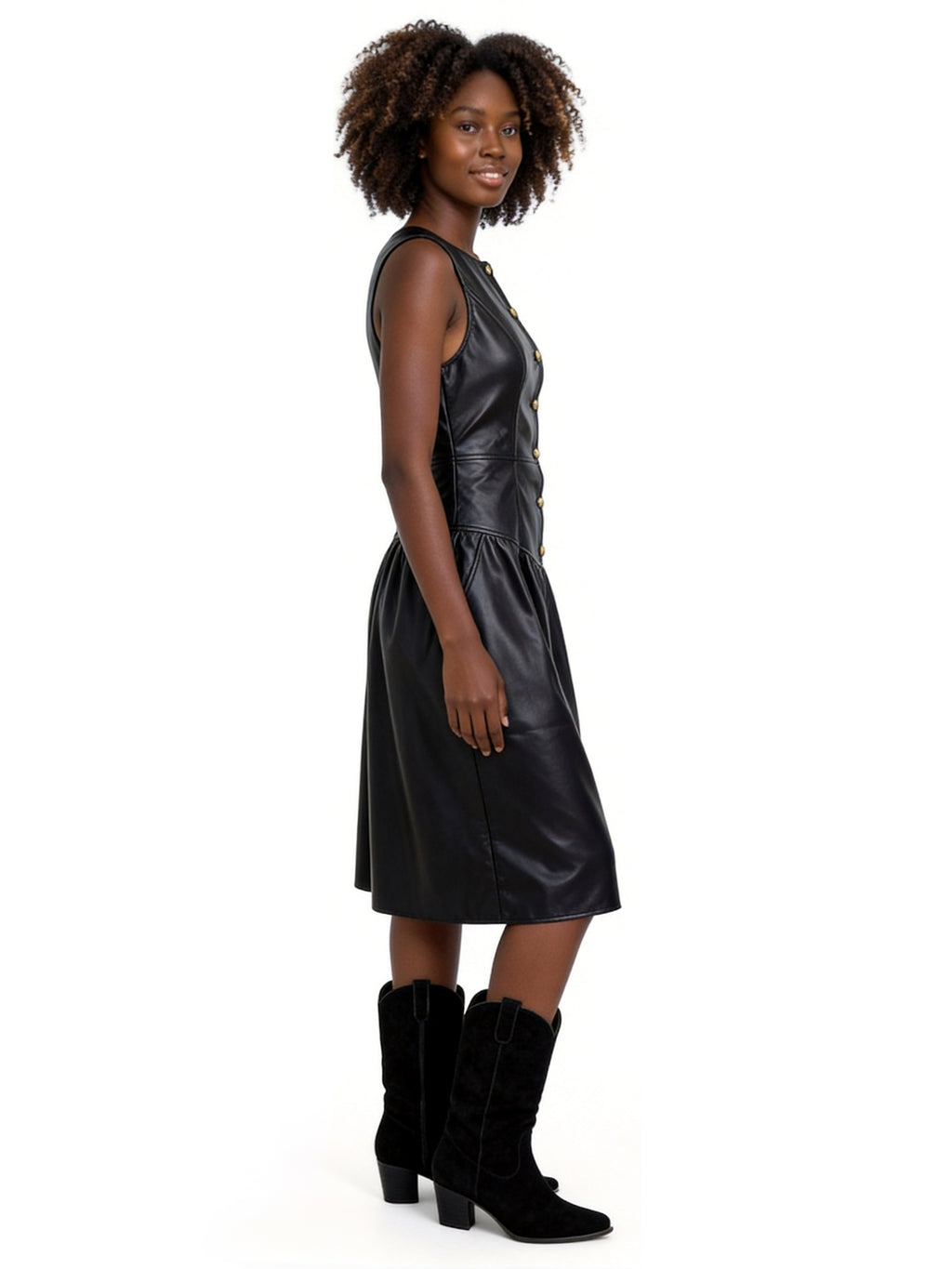 AMELIA CORSET DETAIL BUTTON FRONT DRESS IN FAUX LEATHER