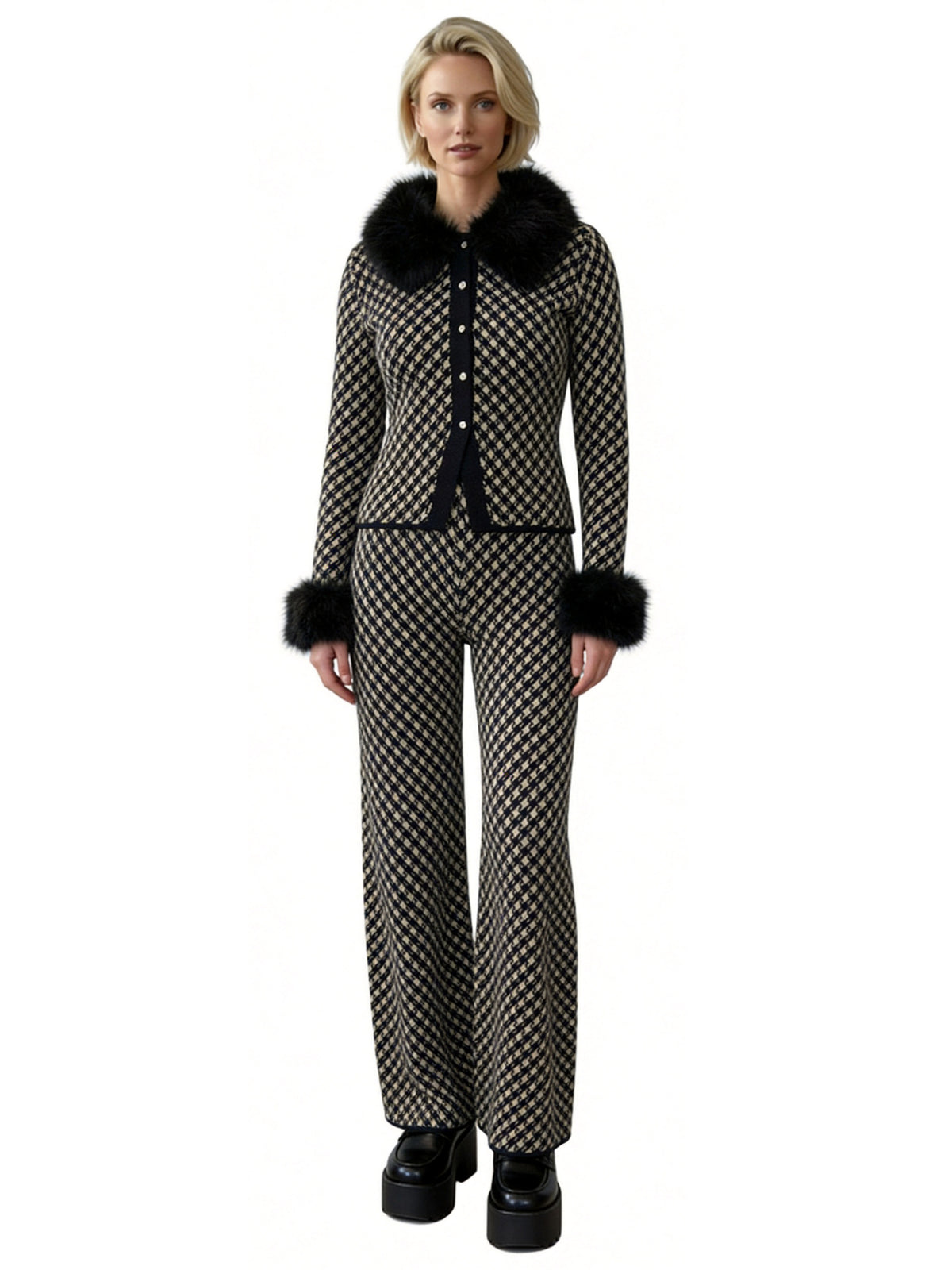 GISELLE JACQUARD CARDIGAN WITH FUR COLLAR AND CUFFS AND MATCHING PANT SET