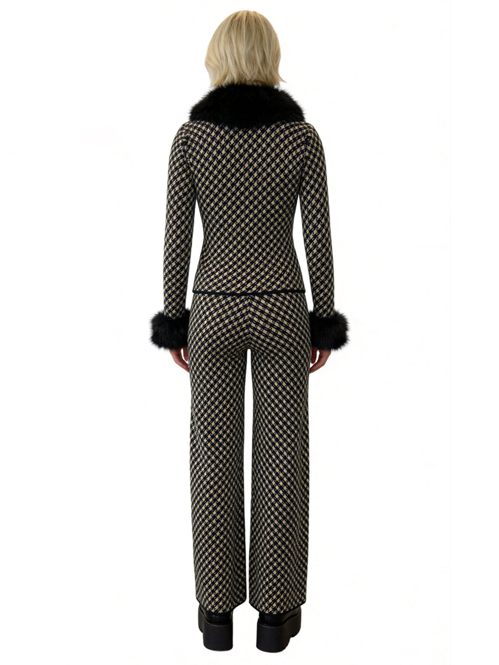 GISELLE JACQUARD CARDIGAN WITH FUR COLLAR AND CUFFS AND MATCHING PANT SET