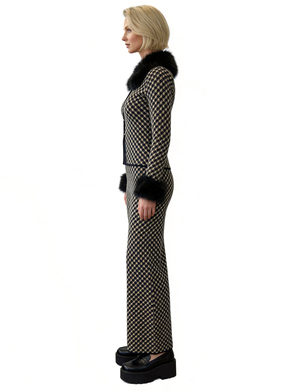 GISELLE JACQUARD CARDIGAN WITH FUR COLLAR AND CUFFS AND MATCHING PANT SET