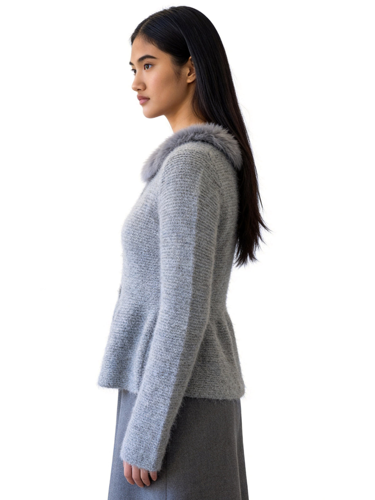 REAGAN THREE BUTTON FUR COLLAR BELL SHAPED CARDIGAN