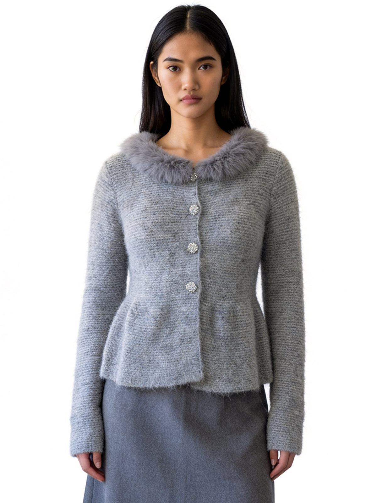 REAGAN THREE BUTTON FUR COLLAR BELL SHAPED CARDIGAN