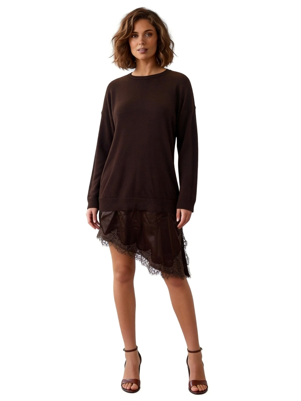 HOLLY LS DROPPED WAIST SWEATER DRESS WITH ASYMMETRIC LACE-TRIMMED SATIN HANGDOWN