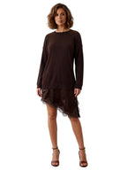 HOLLY LS DROPPED WAIST SWEATER DRESS WITH ASYMMETRIC LACE-TRIMMED SATIN HANGDOWN