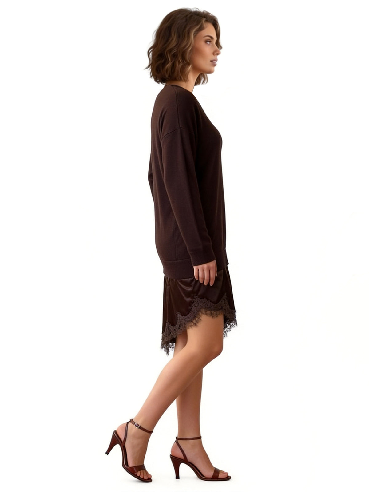 HOLLY LS DROPPED WAIST SWEATER DRESS WITH ASYMMETRIC LACE-TRIMMED SATIN HANGDOWN