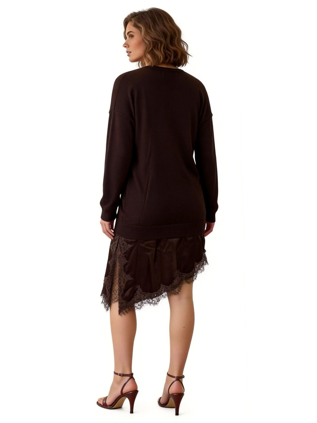HOLLY LS DROPPED WAIST SWEATER DRESS WITH ASYMMETRIC LACE-TRIMMED SATIN HANGDOWN