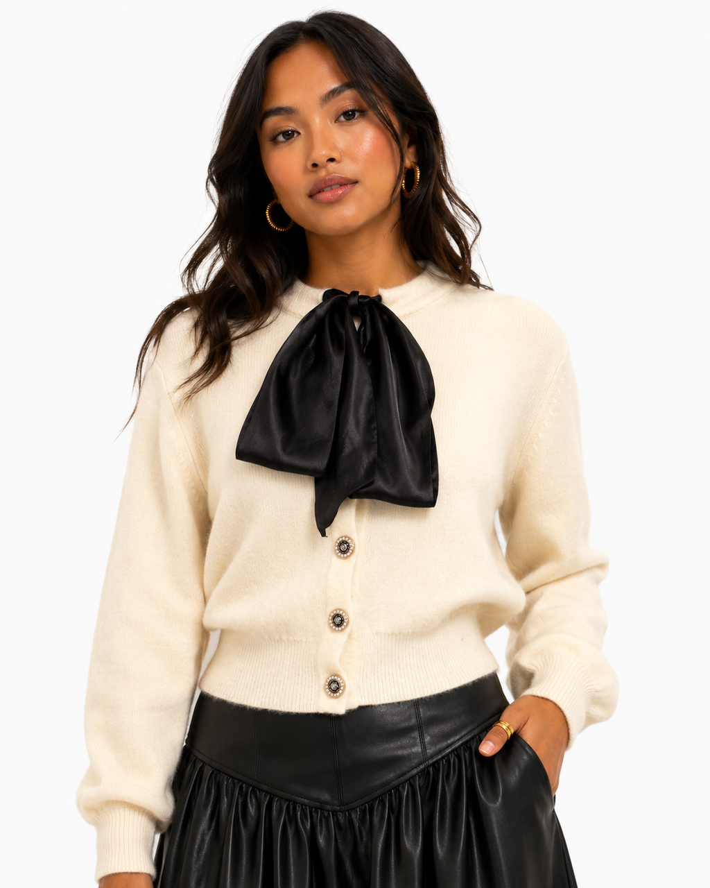 Lyra Cardigan with Satin Ribbon Bow at Neck