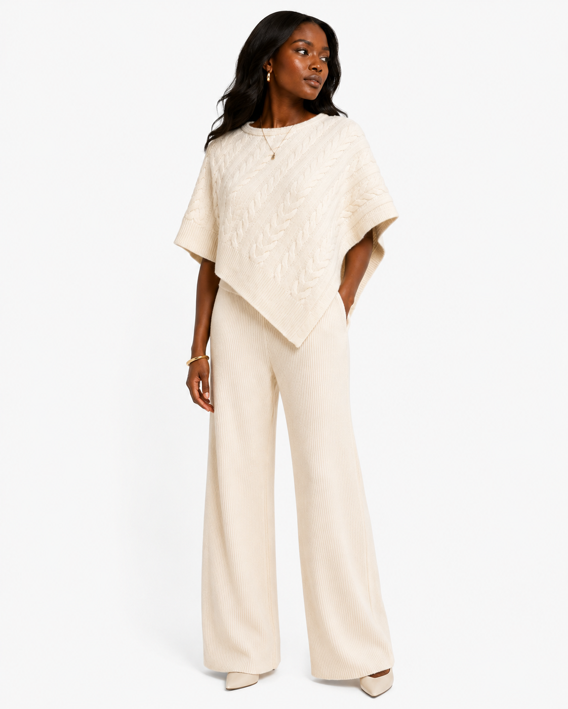 Freya CABLE PONCHO TOP WITH RIB SWEATER PANT SET