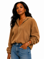 ISLA HOODED FAUX SUEDE JACKET WITH CONTRAST-LINED HOOD AND TWO-HEADED ZIPPER