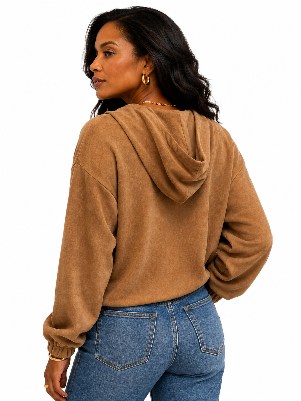 ISLA HOODED FAUX SUEDE JACKET WITH CONTRAST-LINED HOOD AND TWO-HEADED ZIPPER