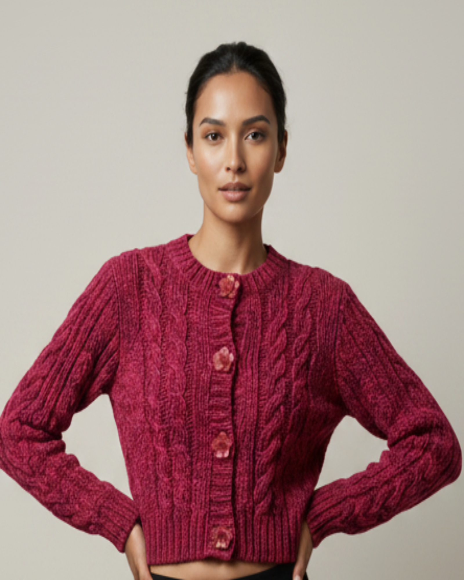 Lena Chenille Cable Cardigan Sweater with Resin Flower Snaps