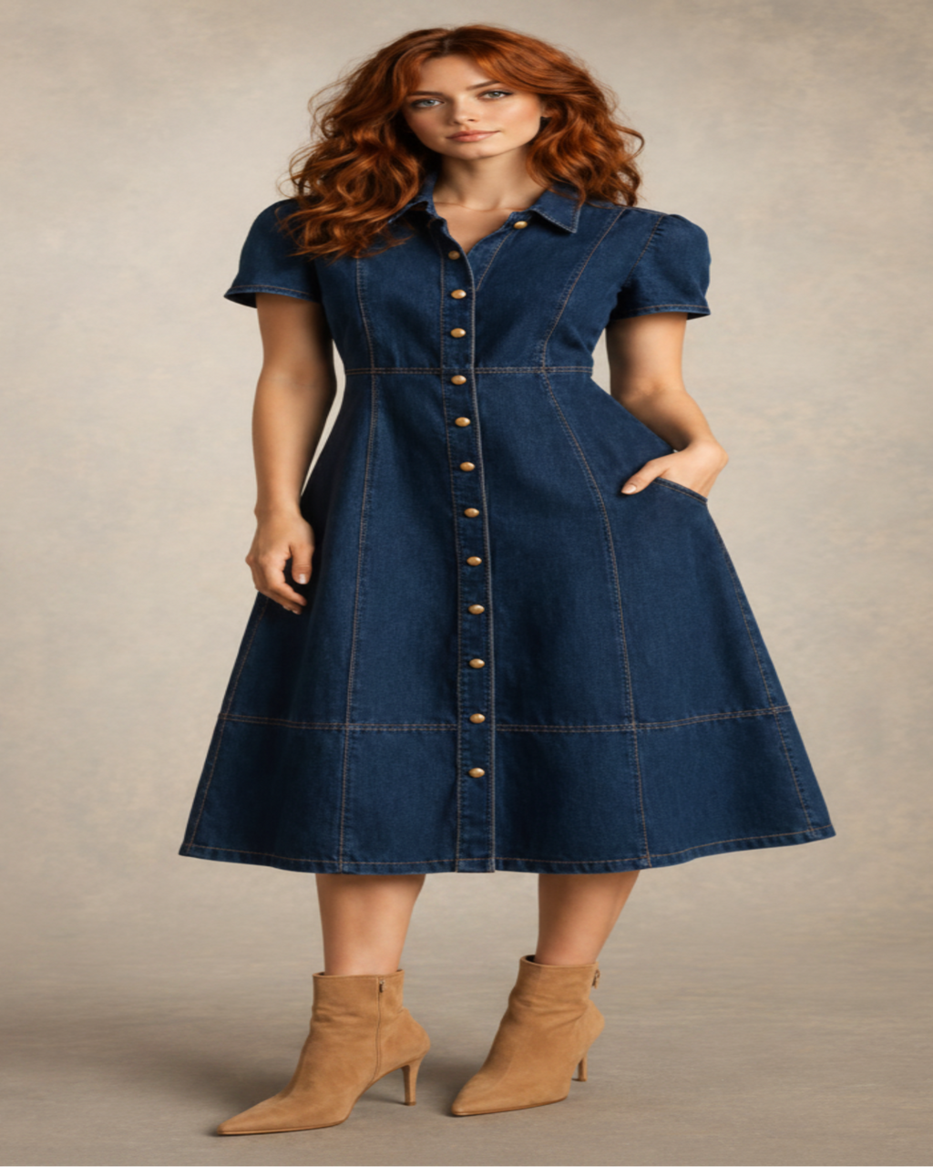 Elsa Denim Dress with contrast stitching and button front