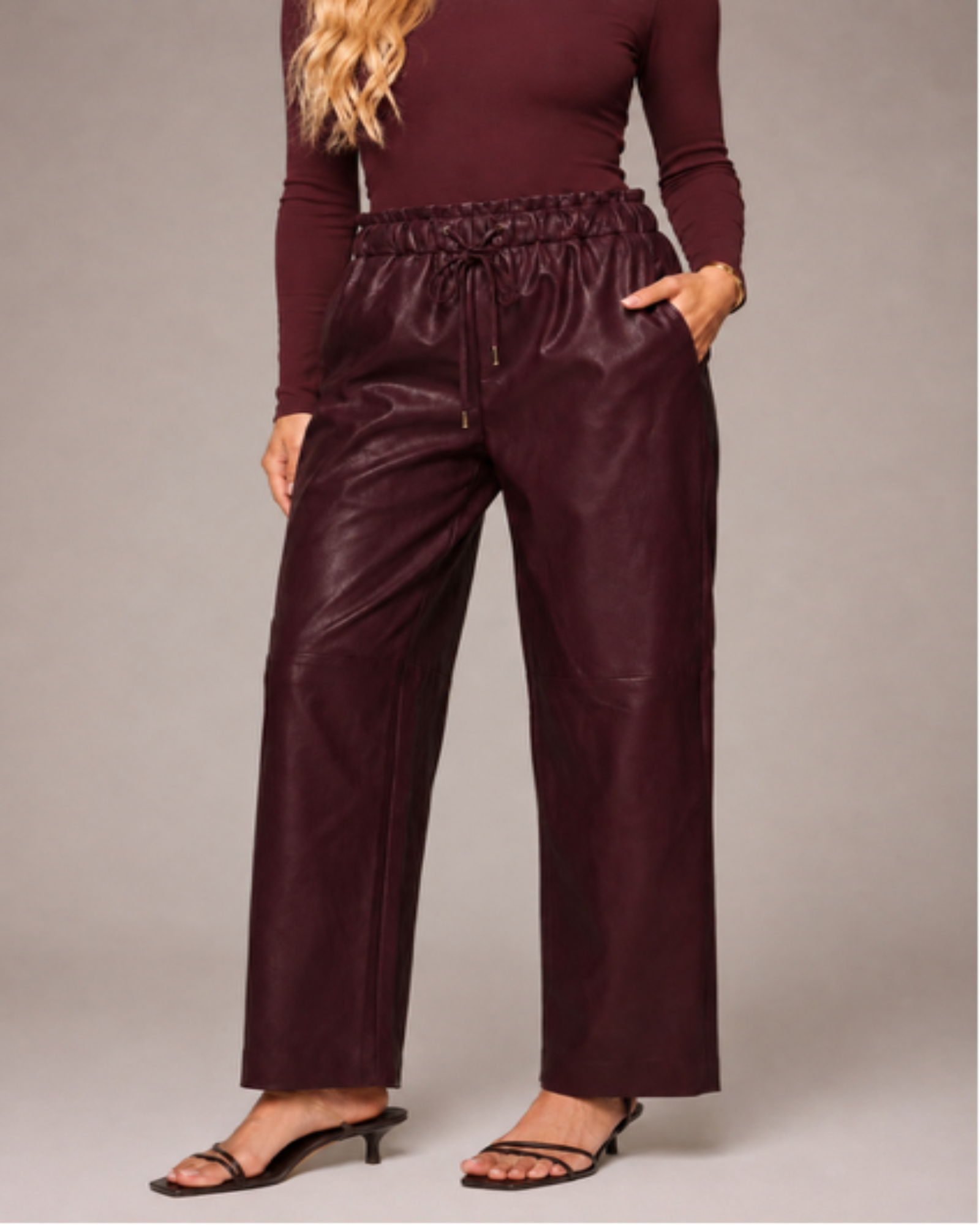 ANDREA textured faux leather pant with drawstring waist