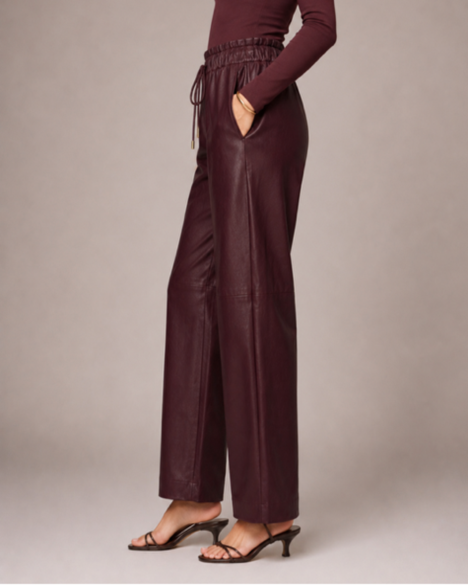 ANDREA textured faux leather pant with drawstring waist