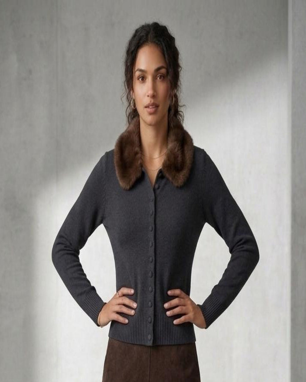RENATA Fur Collar Cardigan with Covered Buttons