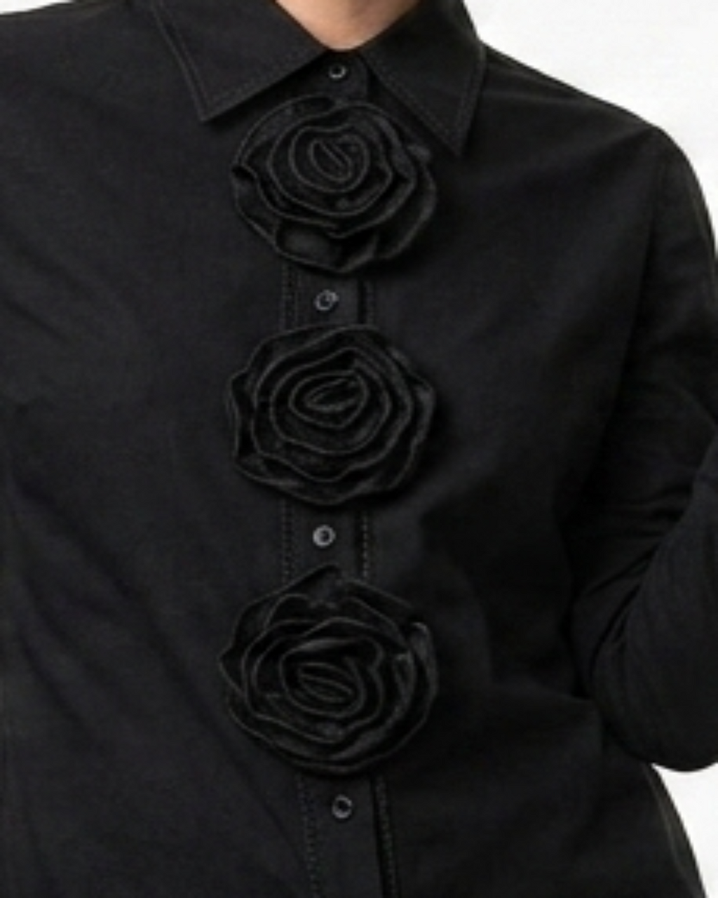 Delores Black Woven Shirting with Large Rosettes