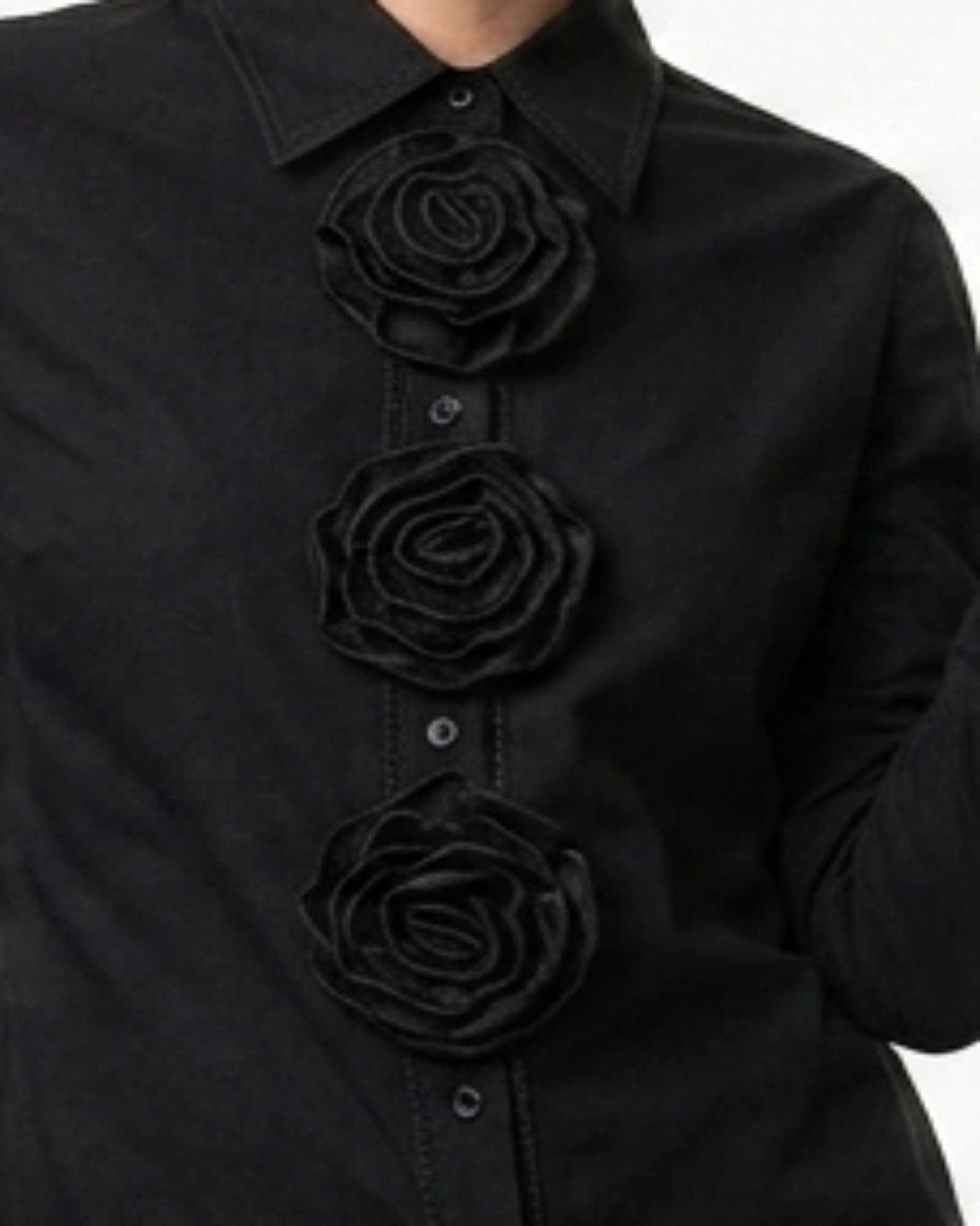 Delores Black Woven Shirting with Large Rosettes