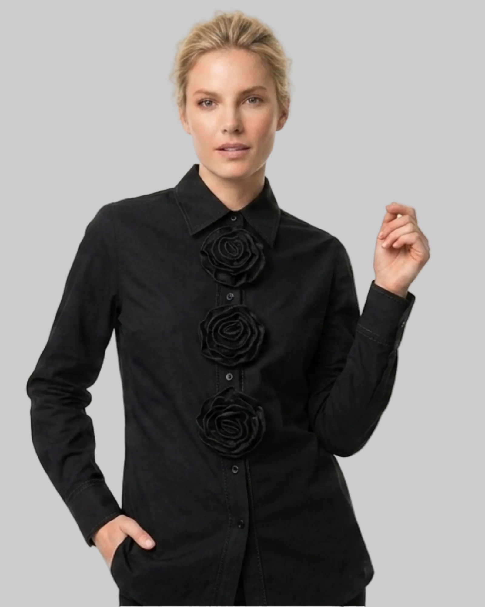 Delores Black Woven Shirting with Large Rosettes