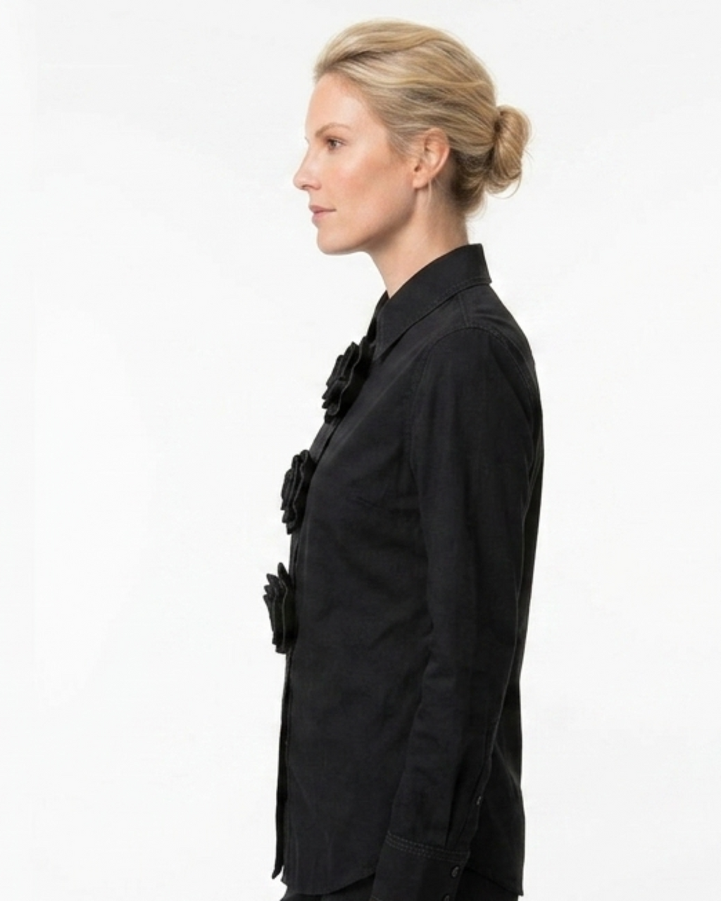 Delores Black Woven Shirting with Large Rosettes