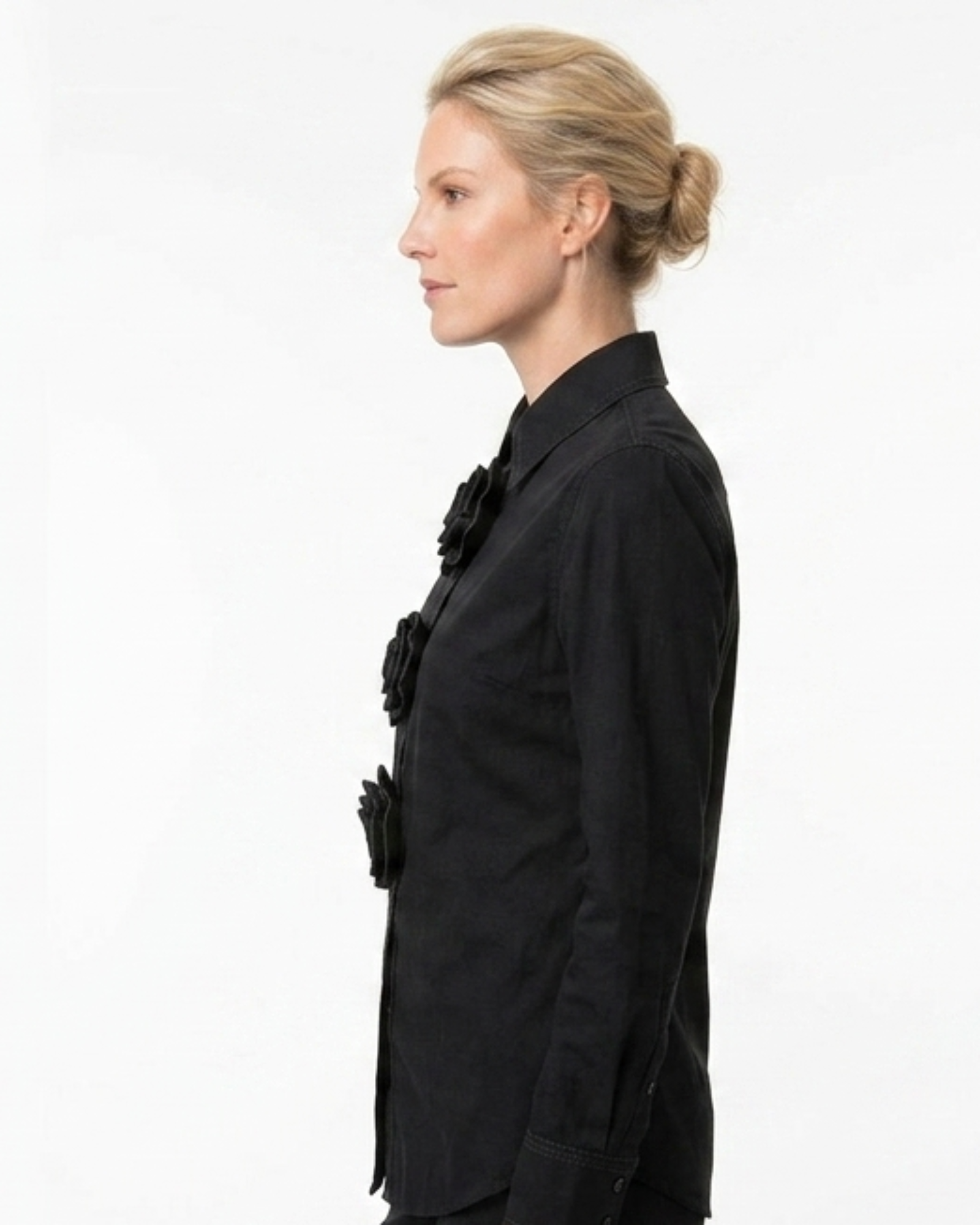 Delores Black Woven Shirting with Large Rosettes