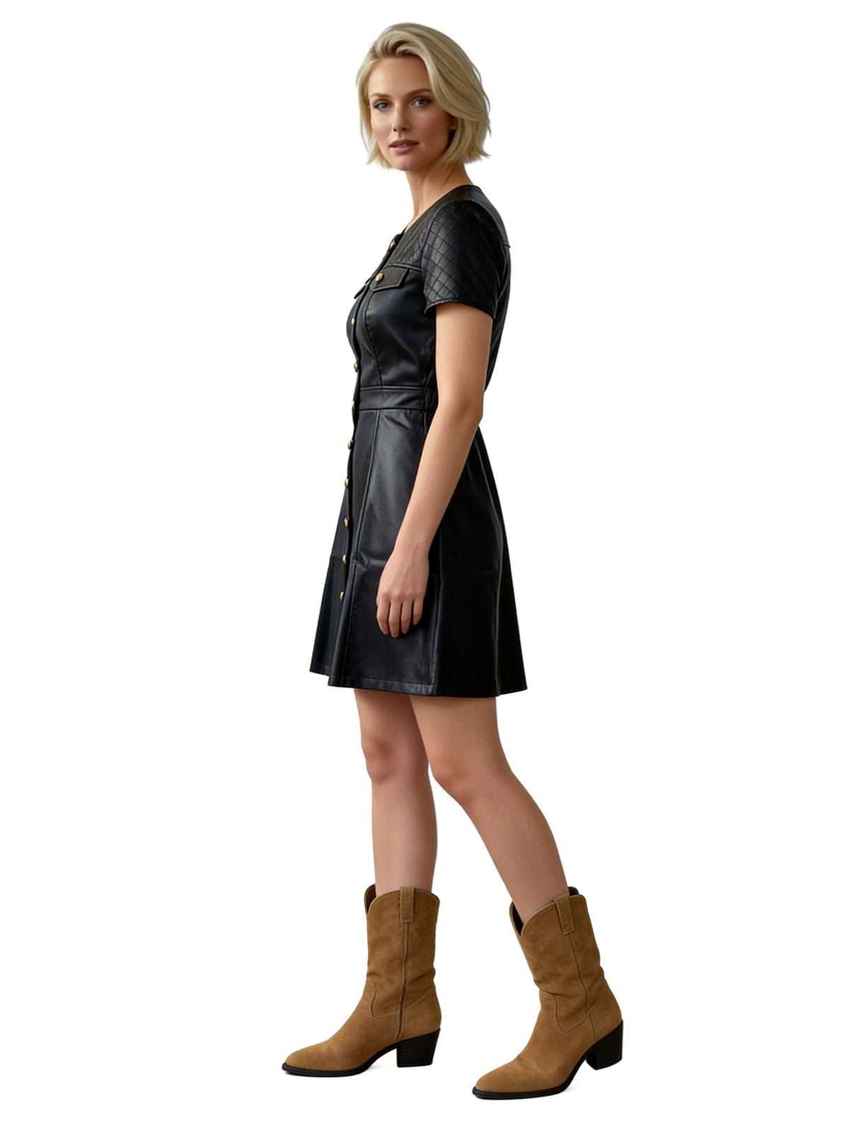 LEONA BUTTON-FRONT FAUX LEATHER DRESS WITH QUILT-DETAILS